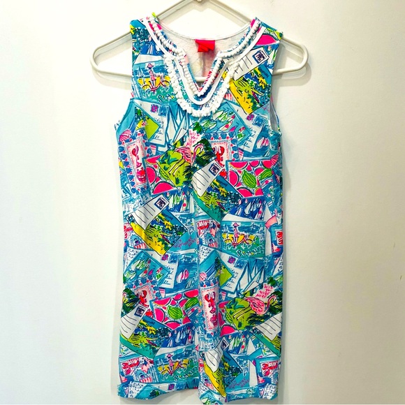 Lilly Pulitzer Tropical Girl Shift Dress with White Trim "wish you were here 12 - Picture 1 of 5
